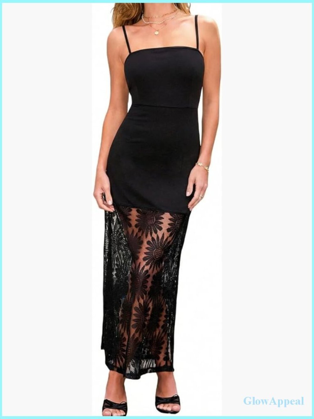 Sheer Lace Overlay Bodycon Maxi Dress Spaghetti Strap Mesh Panel Summer Evening